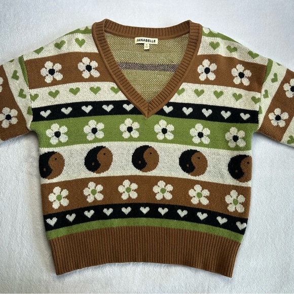 Women’s Brown and Green Patterned V-Neck Knit Yin-Yang Sweater Size Medium - Picture 5 of 5